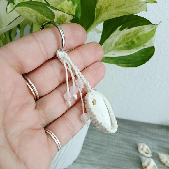 Macrame Rose Quartz & Shell Beaded Keychain, Key Ring, Gemstone Accessories 3.5" - Picture 2 of 6